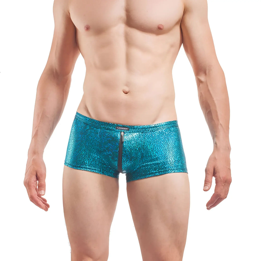 Wojoer desert shiny crackle glass teal metallic men’s briefs with front zipper in size xl