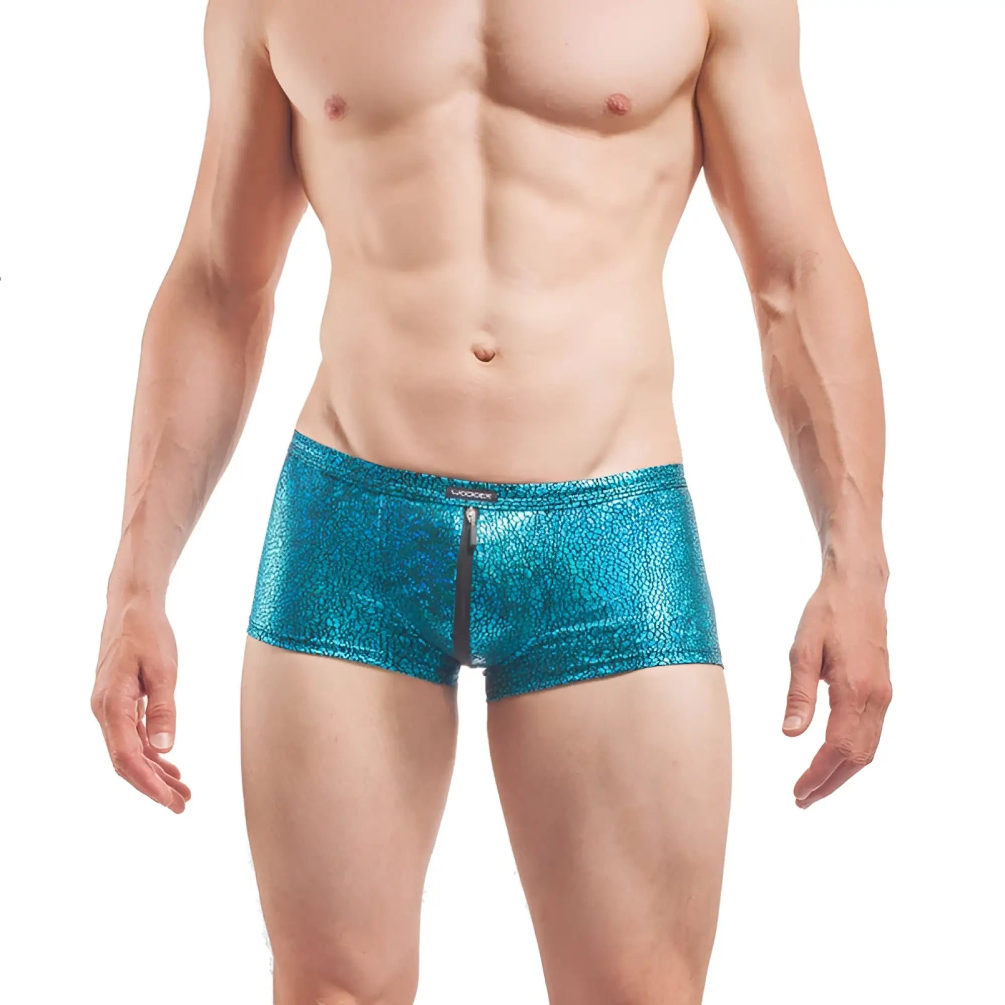 Wojoer desert shiny crackle glass teal metallic men’s briefs with front zipper in size xl