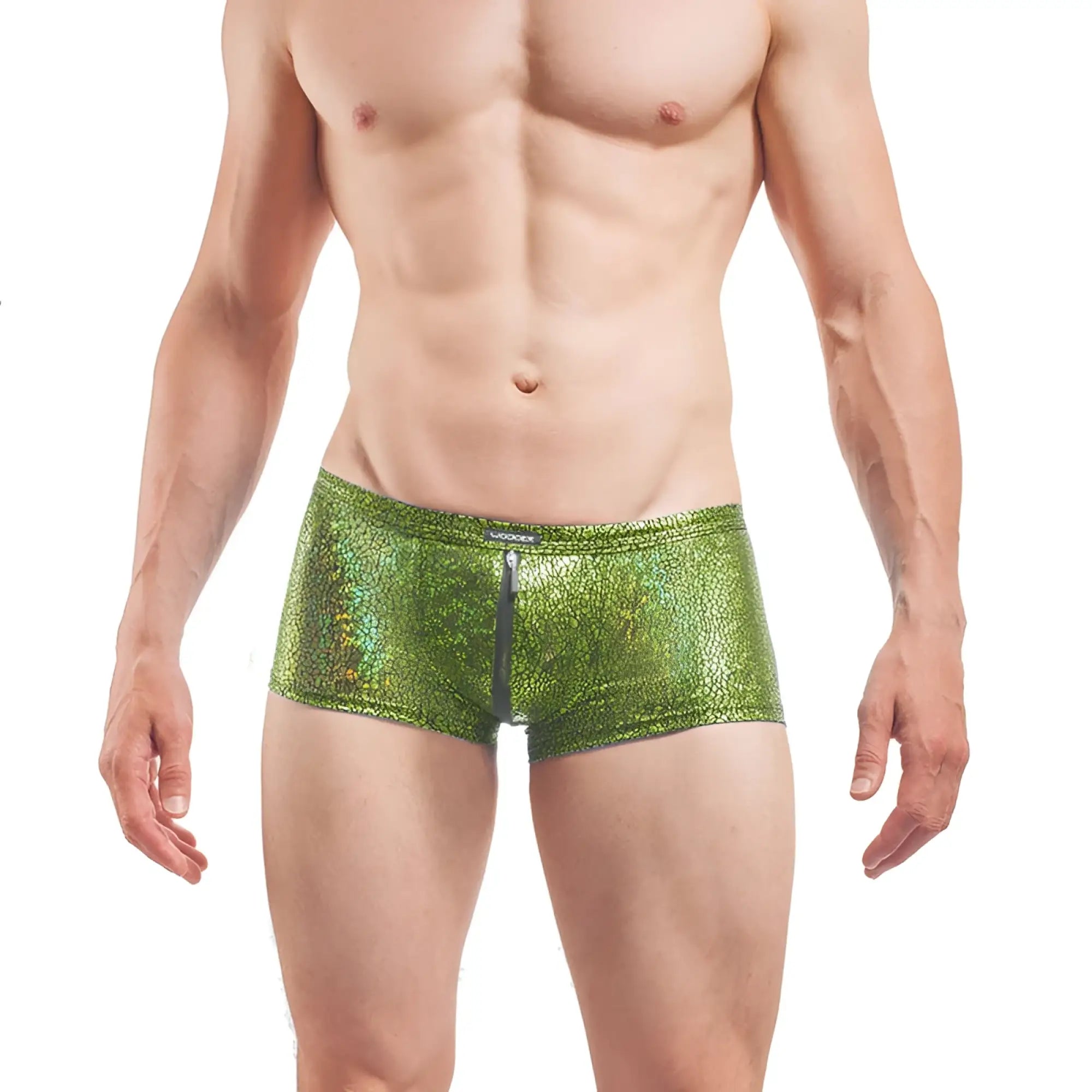 Wojoer desert shiny crackle glass zipper boxer briefs in green metallic with central zipper size xl