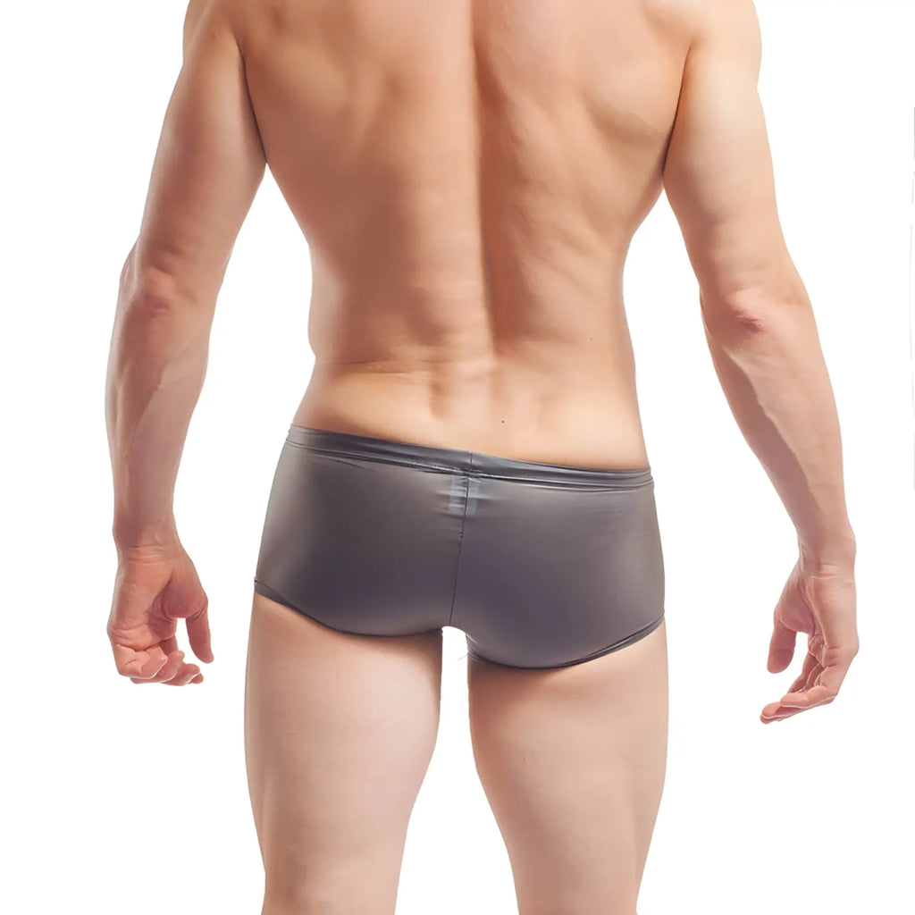 Gray shiny form-fitting wojoer fun-x-tion latex transparent boxer brief underwear in size xl front view