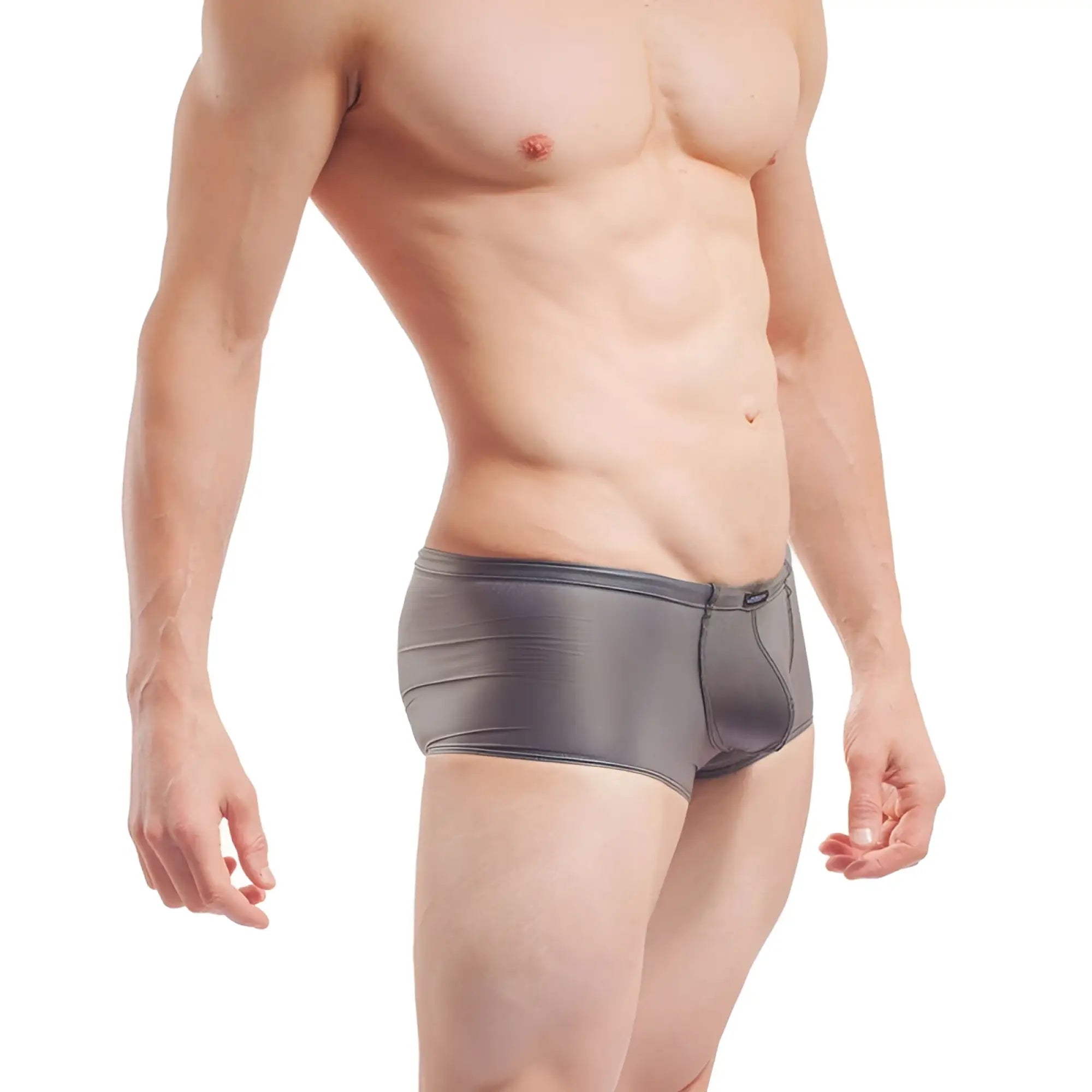 Wojoer fun-x-tion latex transparent boxer brief underwear black with form-fitting gray briefs and reinforced waistband stitching