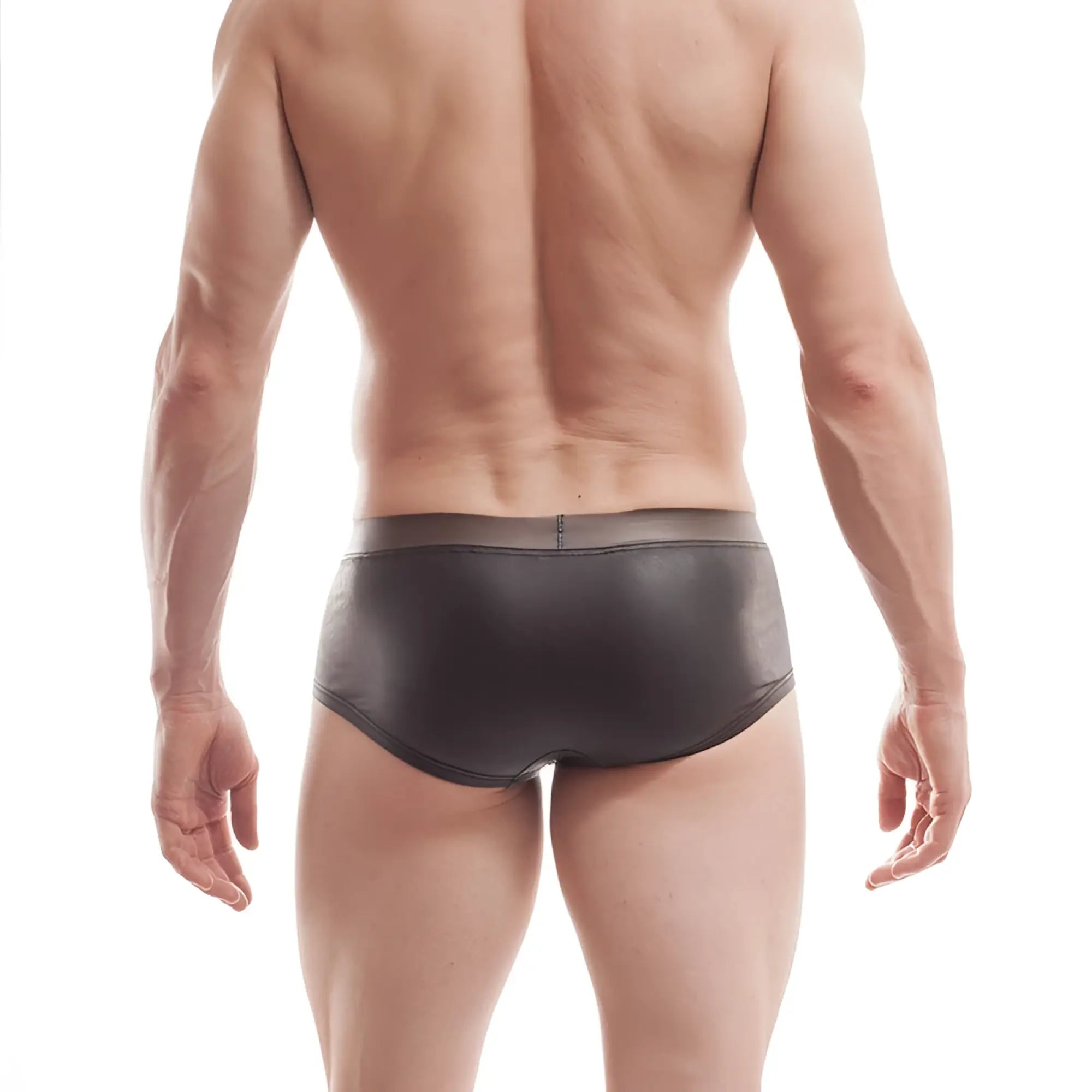 Wojoer funplastic rubber black hipster boxer briefs with transparent waistband and glossy finish in size xl front view