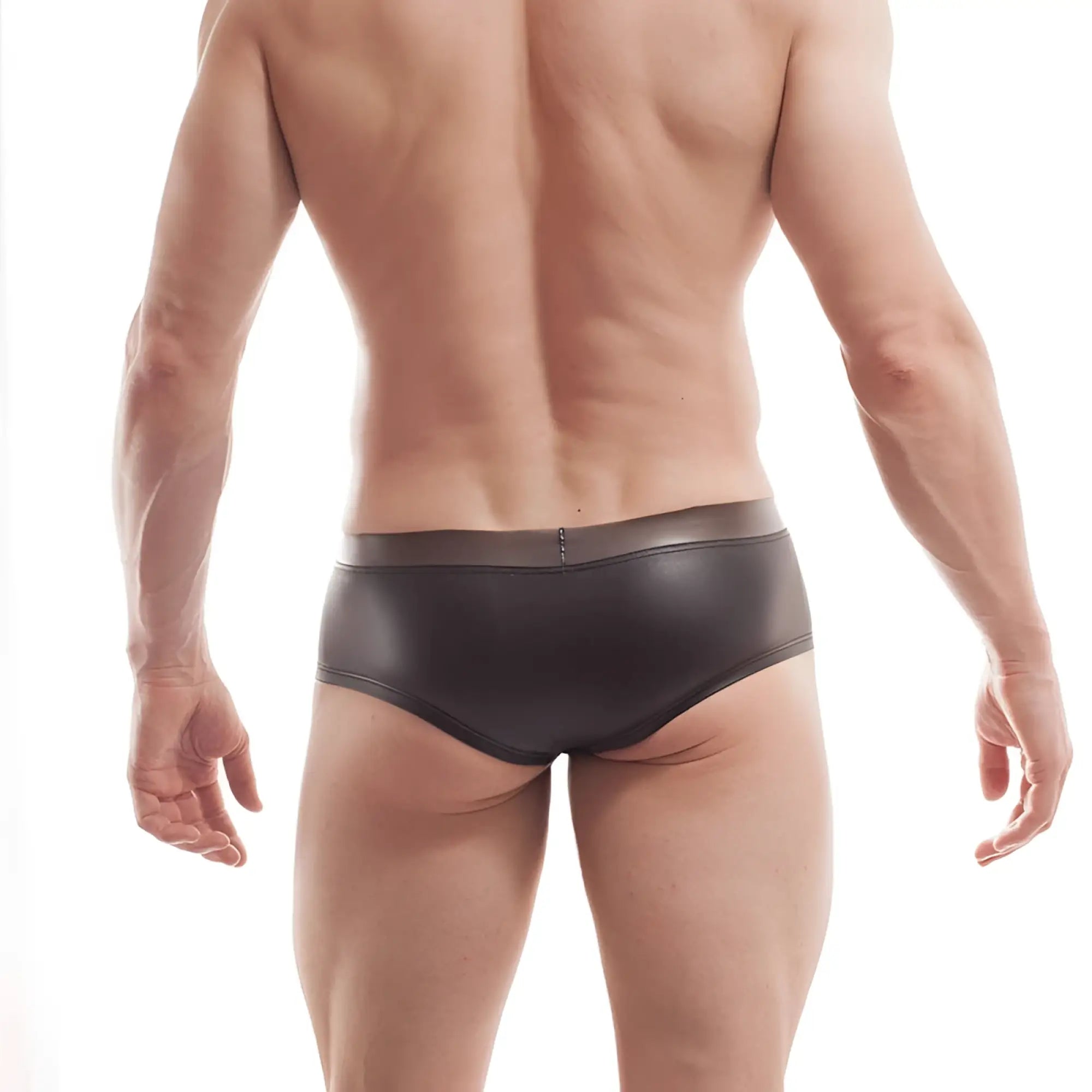 Black faux leather wojoer funplastic rubber mini hipster boxer briefs with transparent waistband size xl