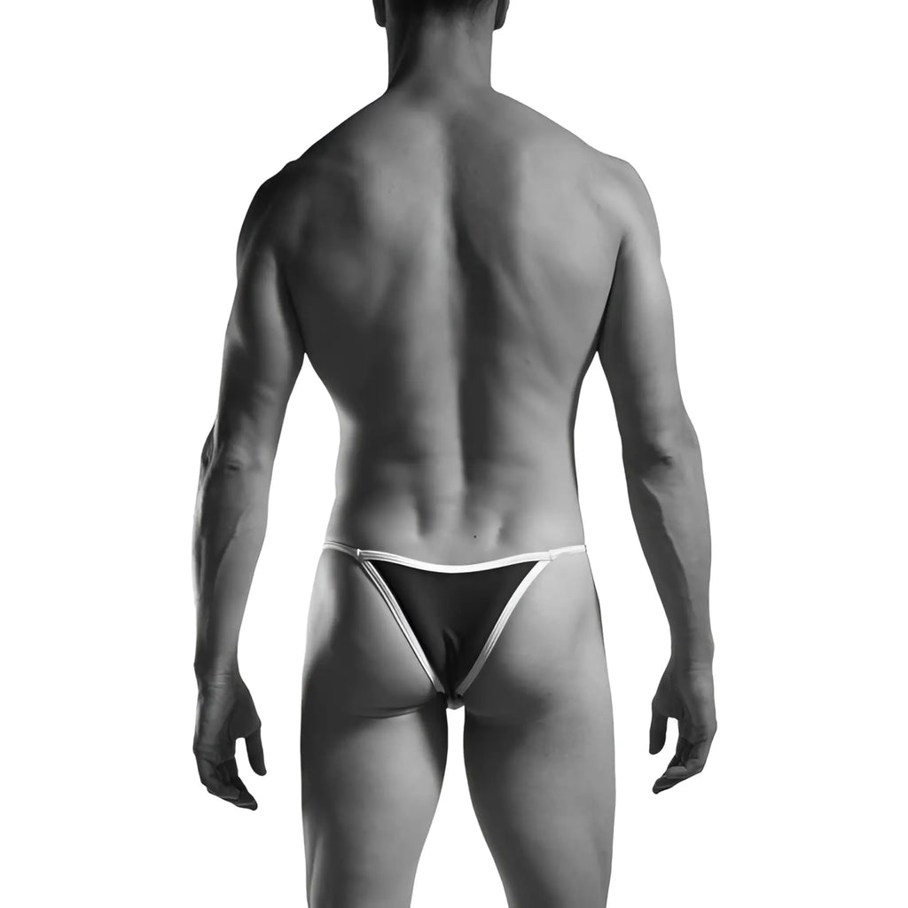 Black and white thong with thin contrasting trim part of wojoer gloss piping capri bikini swimwear red size xl back view