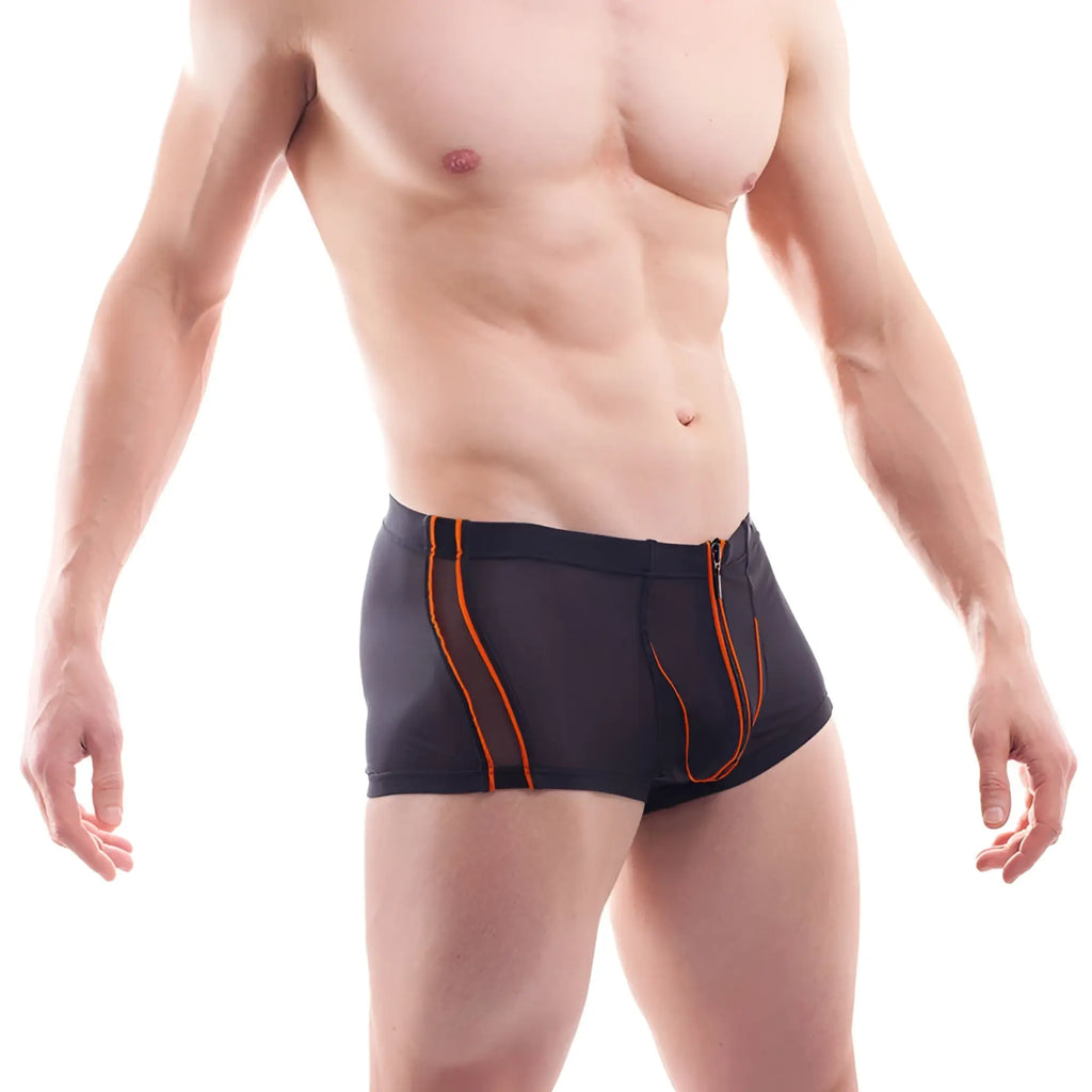 Black wojoer orange line powernet zipper boxer briefs with vibrant orange piping and front zipper detail size m