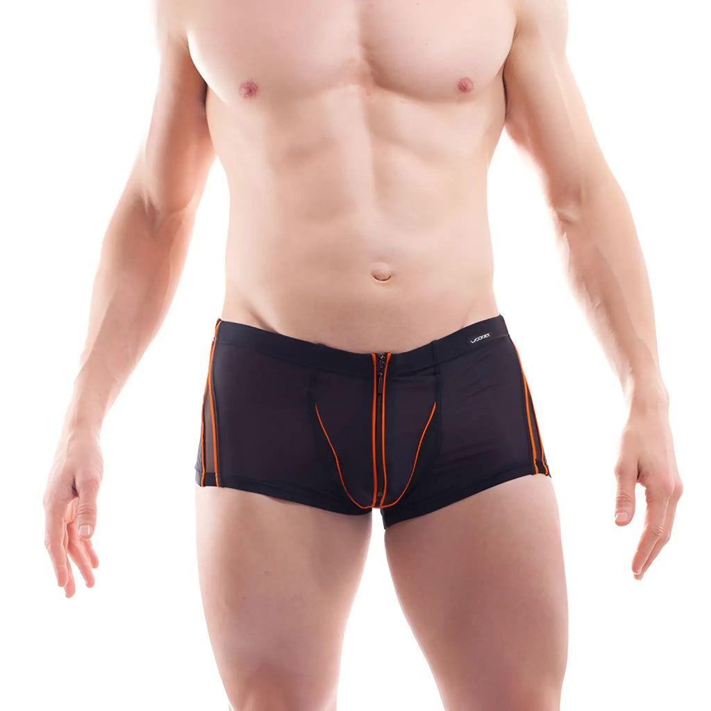 Black wojoer boxer briefs with orange zipper trim and powernet insert for athletic support size m