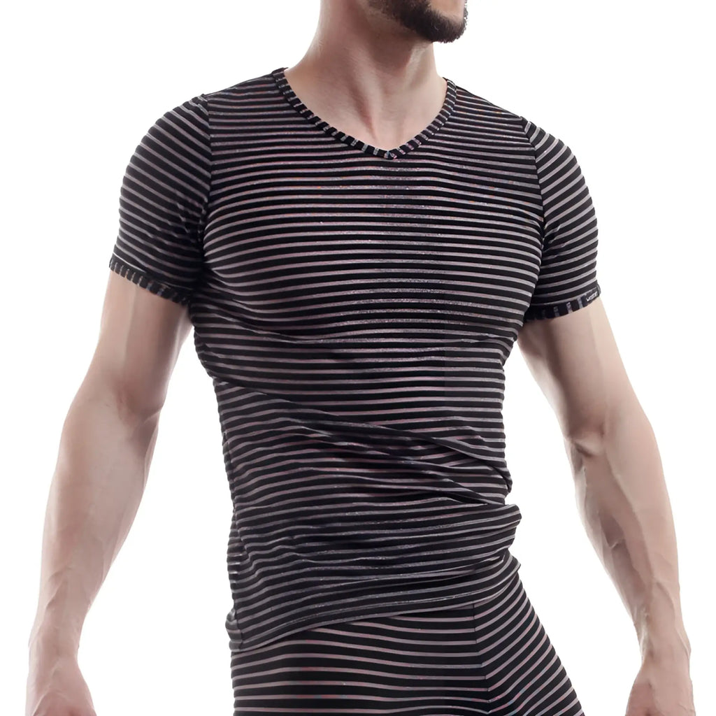 Wojoer WDF glitter stripe black and white horizontally striped v neck short sleeved t shirt size L front view