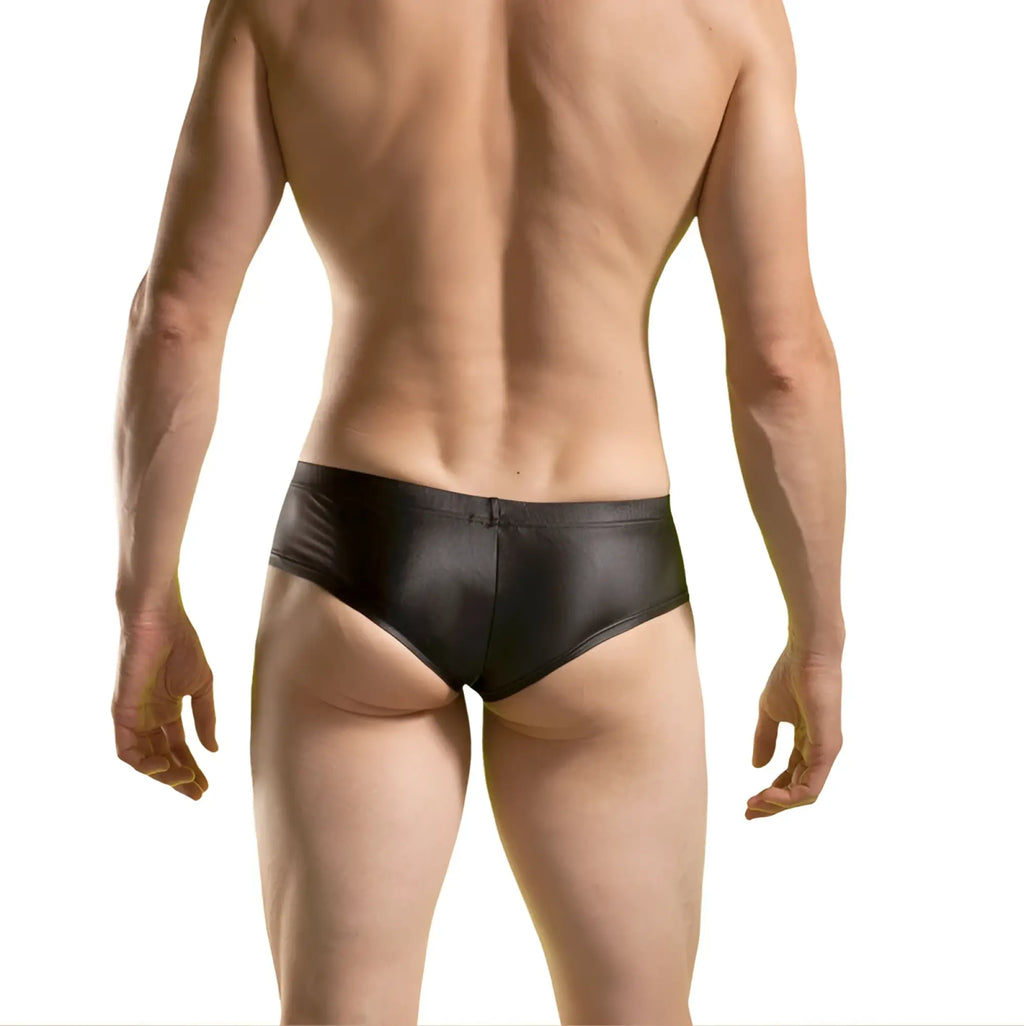 Black shiny wet matte hipster cheeky bikini briefs from wojoer in size xl showing back side view