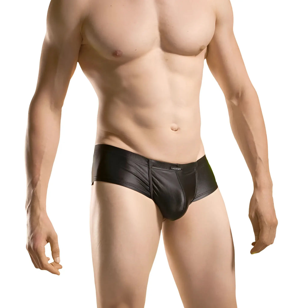 Wojoer wet matte hipster cheeky bikini swimwear black shiny faux leather briefs with sleek form-fitting design size XL