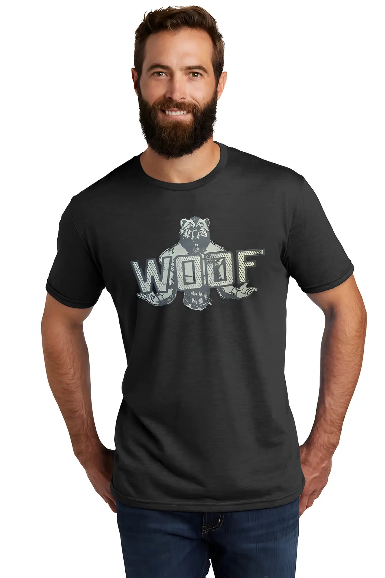 Black cotton tri-blend t-shirt with a distressed gray raccoon graphic and bold woof lettering on the front
