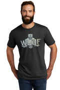 Black cotton tri-blend t-shirt featuring a distressed gray raccoon graphic with bold woof lettering on the chest