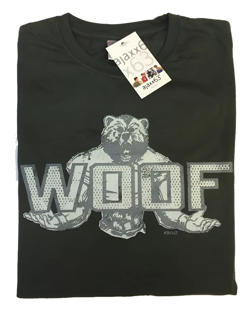 Black cotton tri-blend t-shirt featuring a gray bear graphic with bold mesh-textured woof lettering on the chest