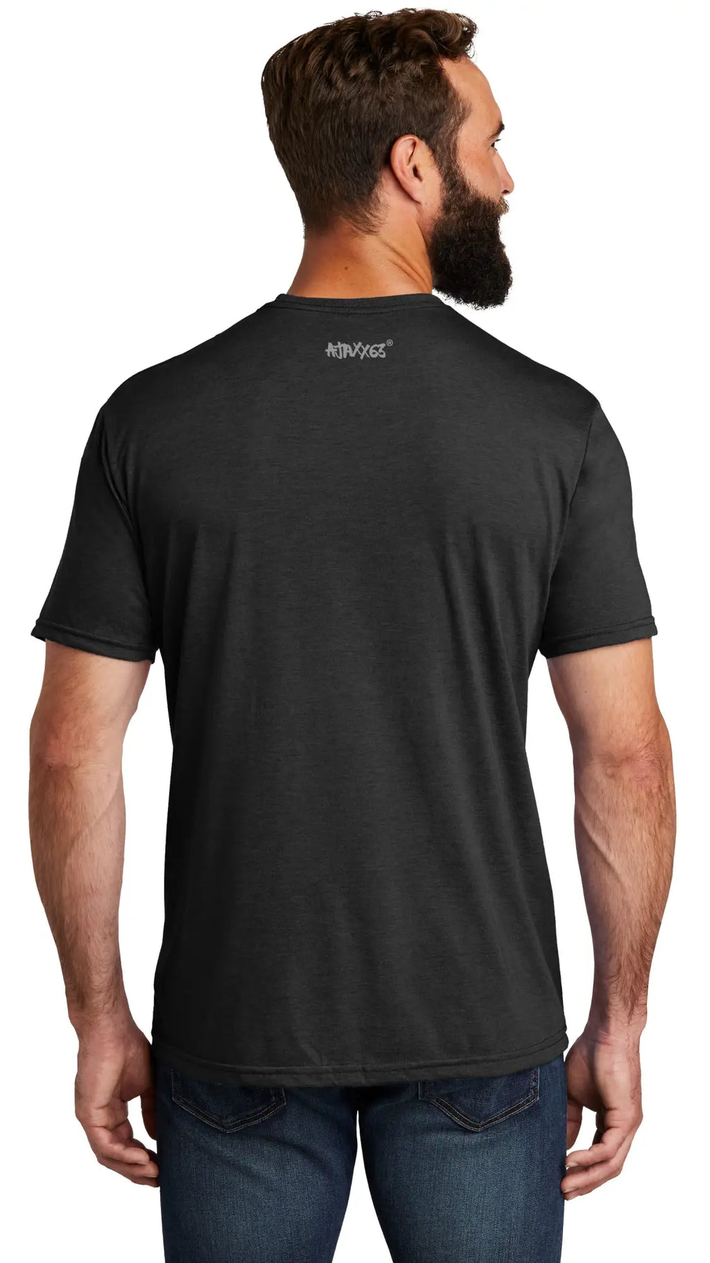 Black short-sleeved crew neck woof-bear tri-blend t-shirt with small white logo at the neckline
