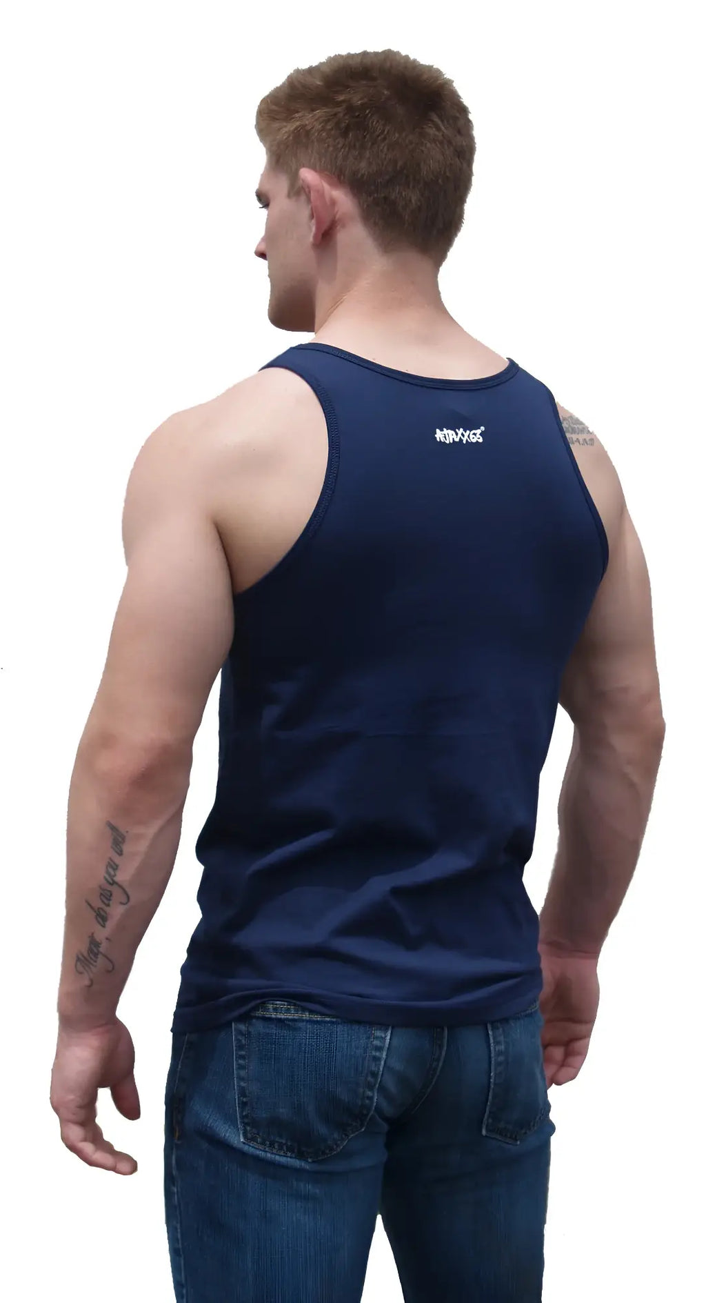 Navy blue sleeveless Woof tank top made of breathable fabric showing the back with a small white logo on upper back