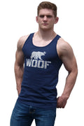 Navy blue Woof tank top featuring white text and a bear wearing a crown graphic on the front