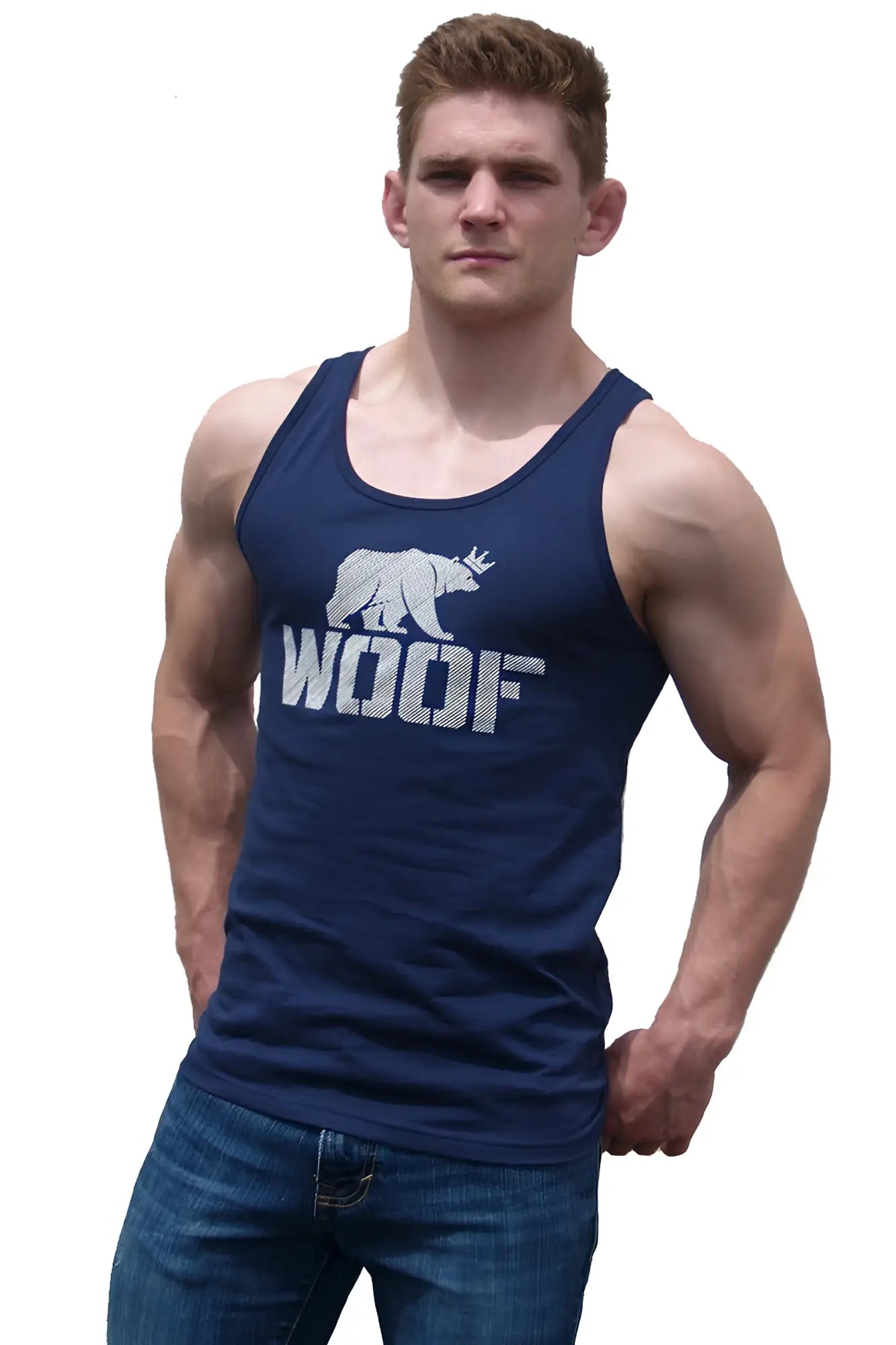 Navy blue Woof tank top featuring white text and a bear wearing a crown graphic on the front