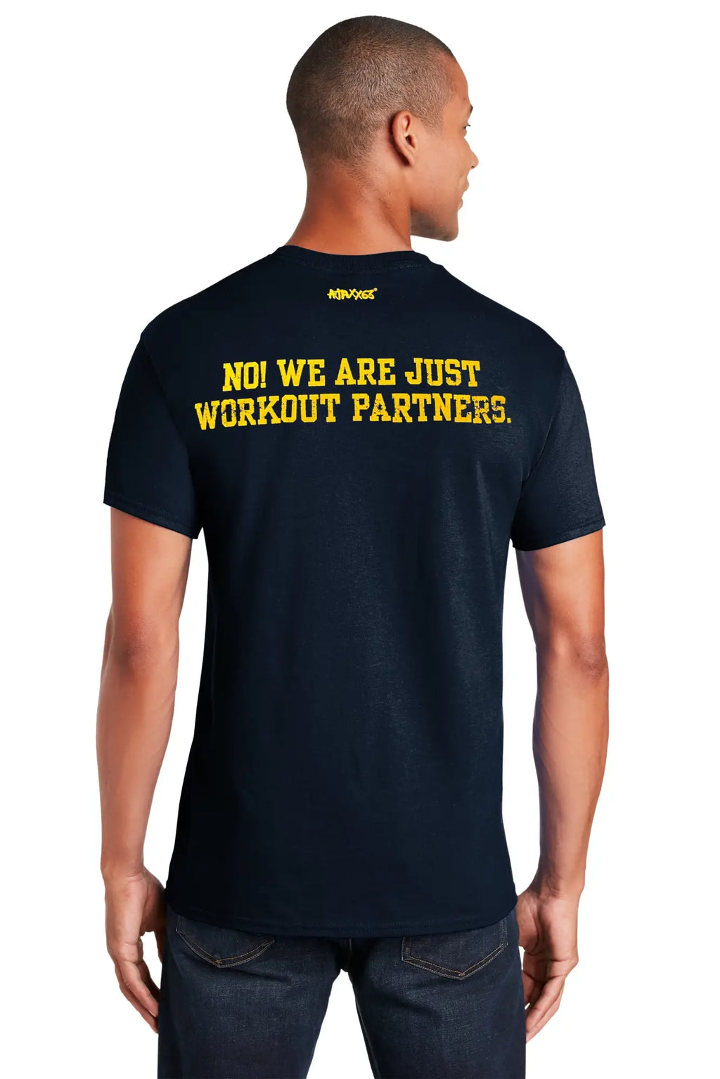 Navy blue premium cotton short-sleeved t-shirt with bold yellow no we are just workout partners text on back