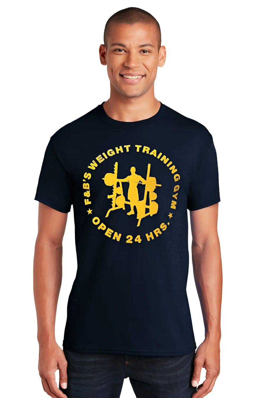 Navy blue premium cotton t-shirt with bold yellow weightlifting graphic for f&b’s weight training gym open 24 hrs