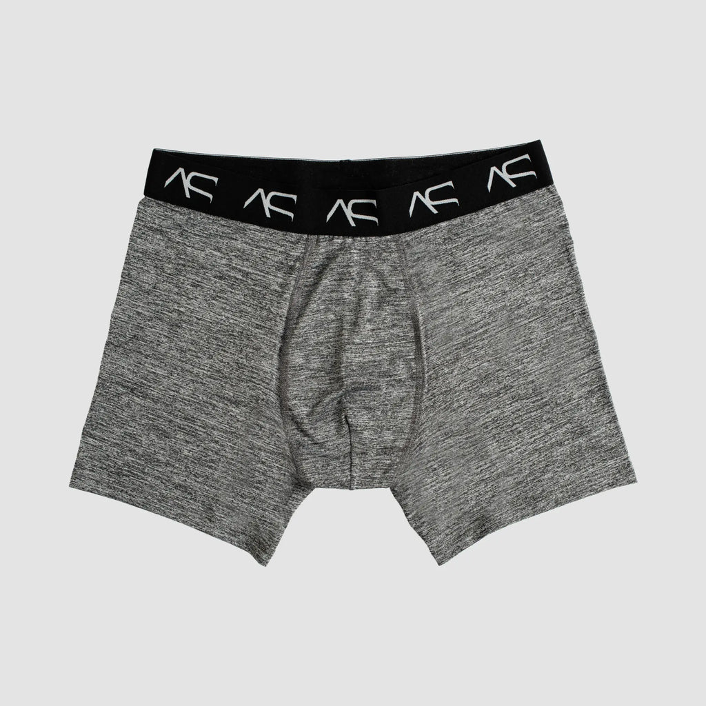 Gray heathered boxer briefs workout trunks with black waistband and white ac logos designed for exercise comfort