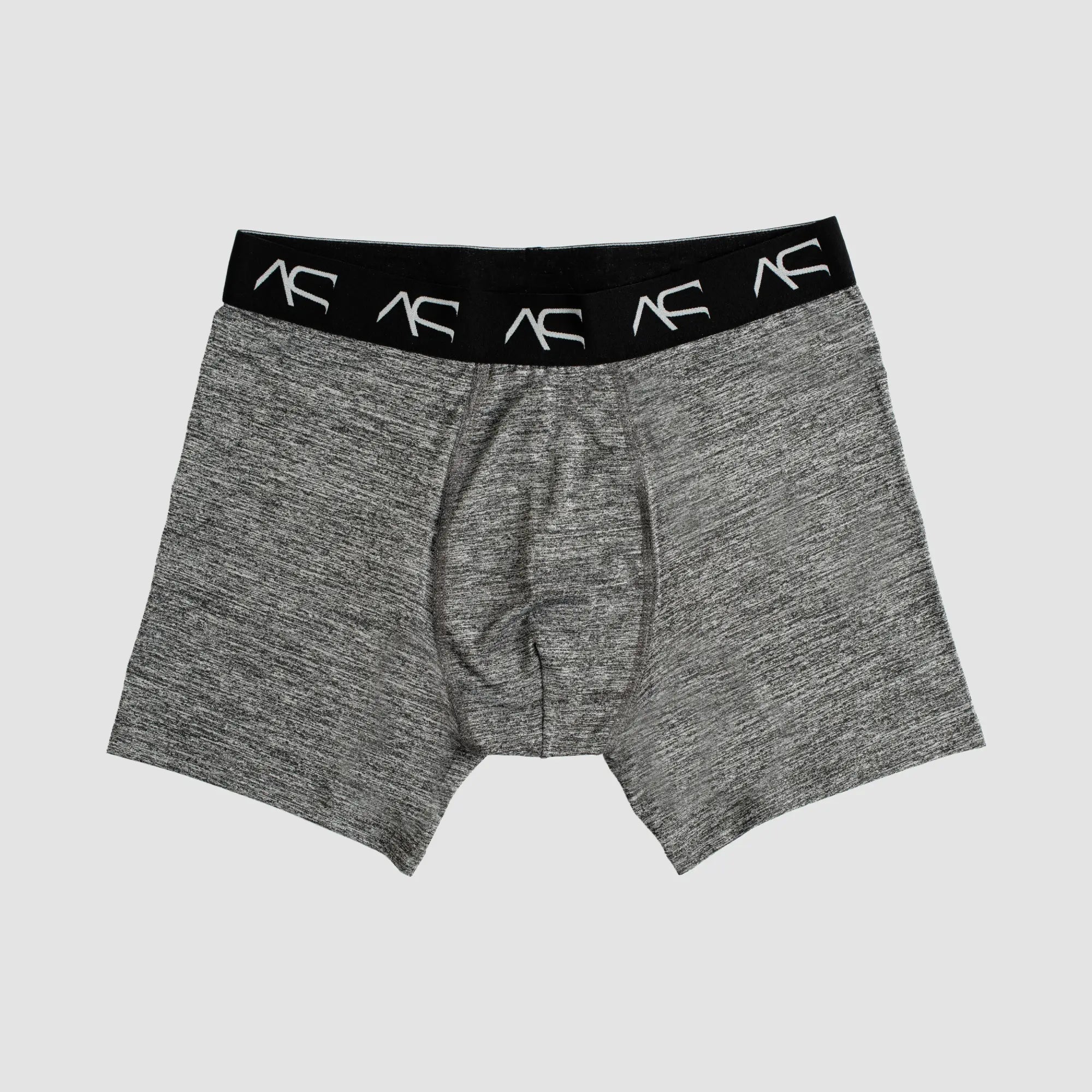 Gray heathered boxer briefs workout trunks with black waistband and white ac logos designed for exercise comfort