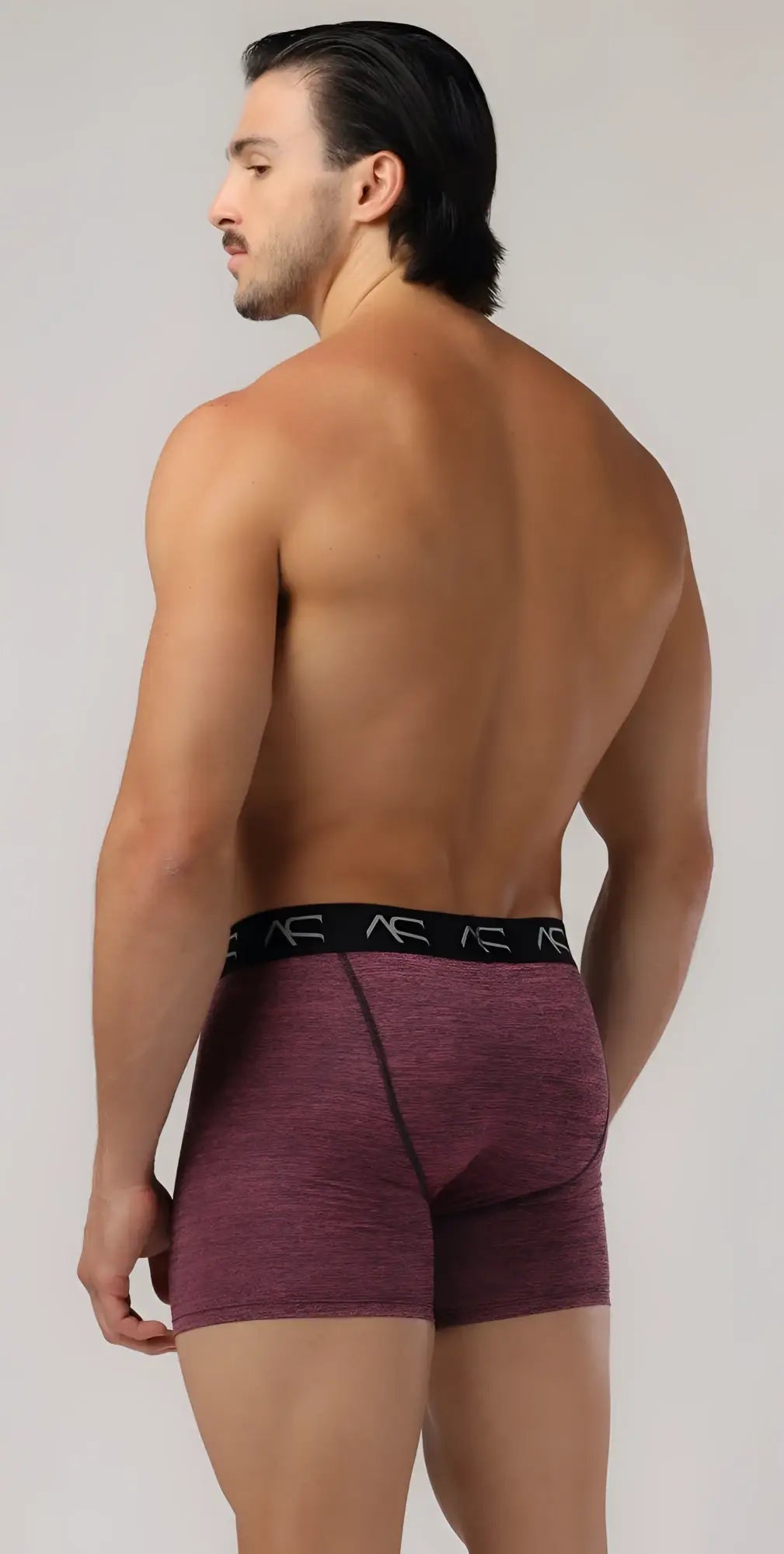 Maroon heathered workout trunks boxer briefs with black elastic waistband featuring repeating ae branding