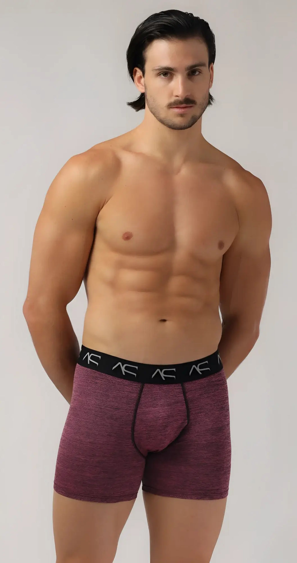 Maroon heathered workout trunks boxer briefs with black elastic waistband and repeating ac logo branding