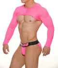 Bright pink ribbed textured long sleeve crop top with black waistband featuring stud logo by Wrangler