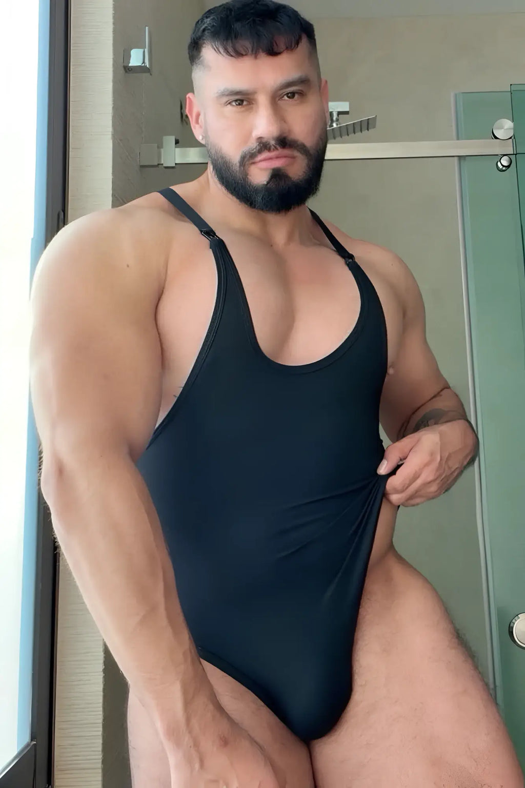 Black one-piece swimsuit wrestle me bodysuit midnight with thin shoulder straps and scoop neckline