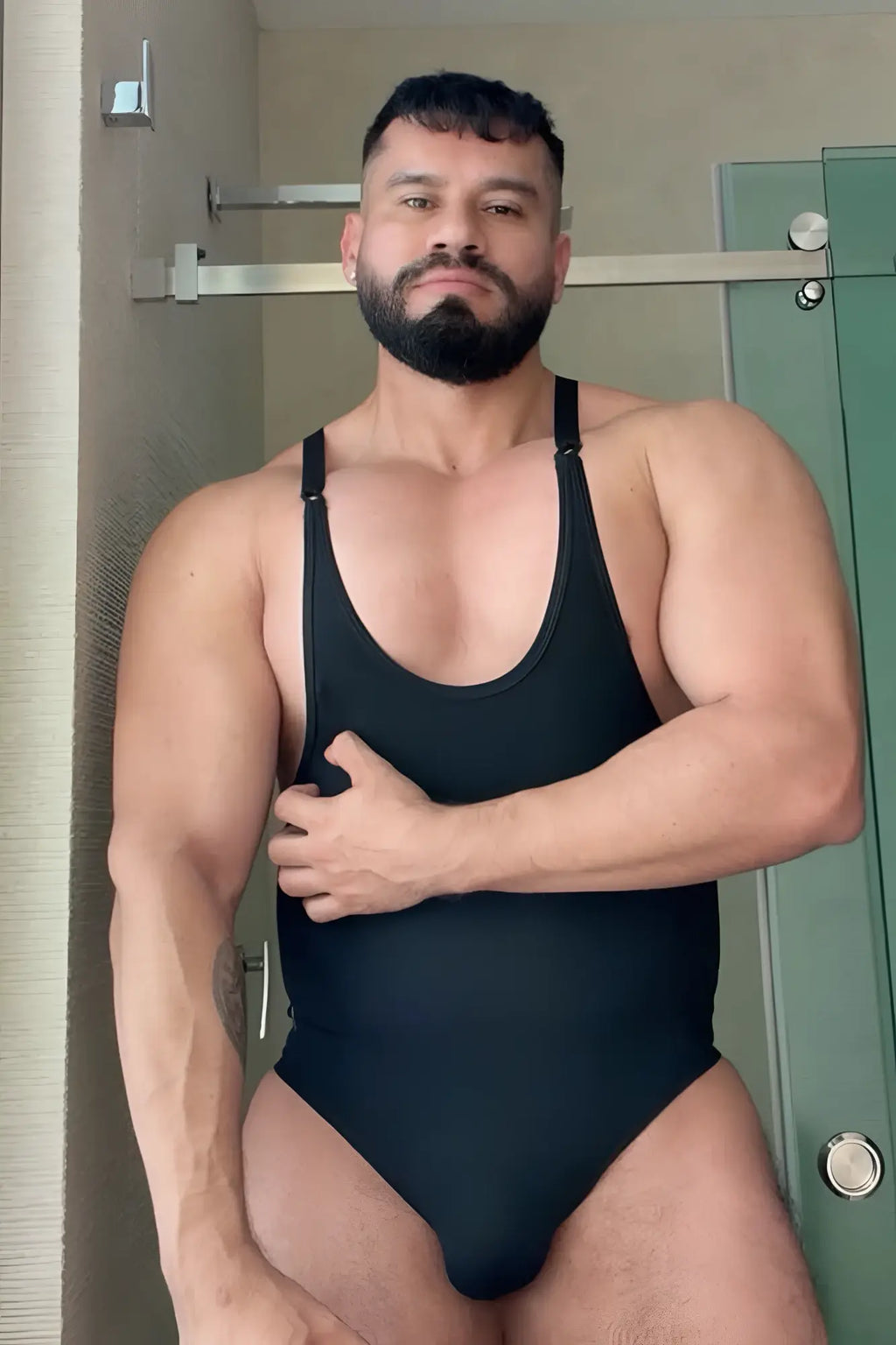 Black wrestle me bodysuit midnight one-piece swimsuit with thin shoulder straps and scoop neckline for active wear