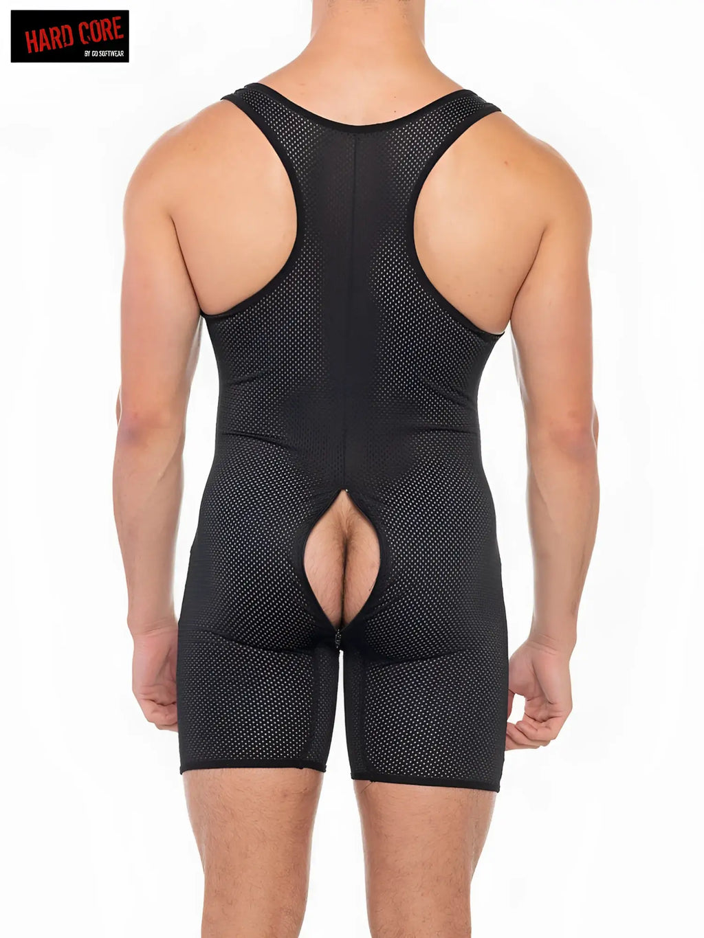 Black mesh wrestling singlet back side with central cutout racerback design x back door singlet open zip back