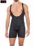 Black mesh wrestling singlet with deep scoop neckline and short legs shown from the back with open zip and x back design