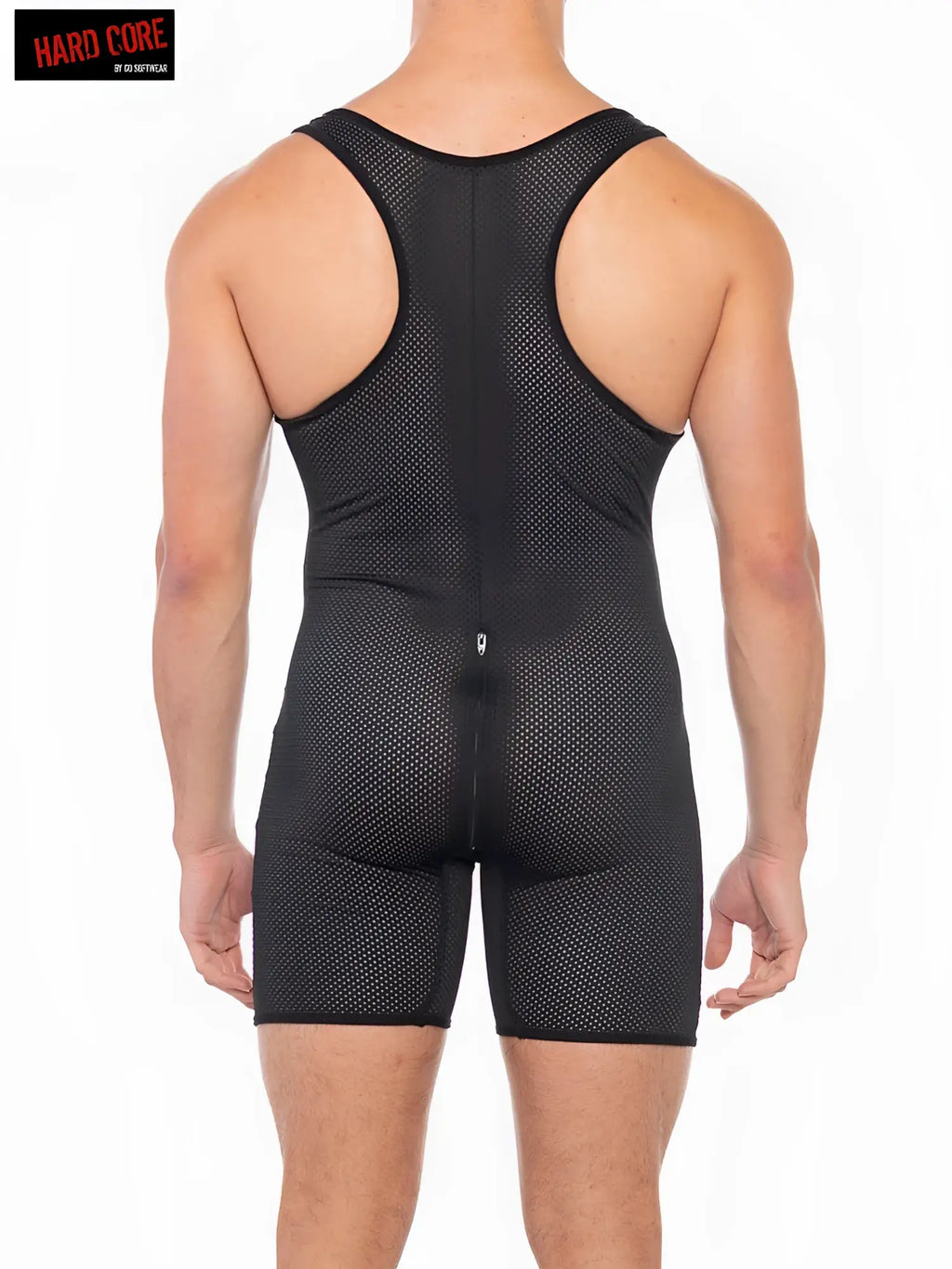 Black mesh wrestling singlet with racerback design and open zipper back in x back door singlet style