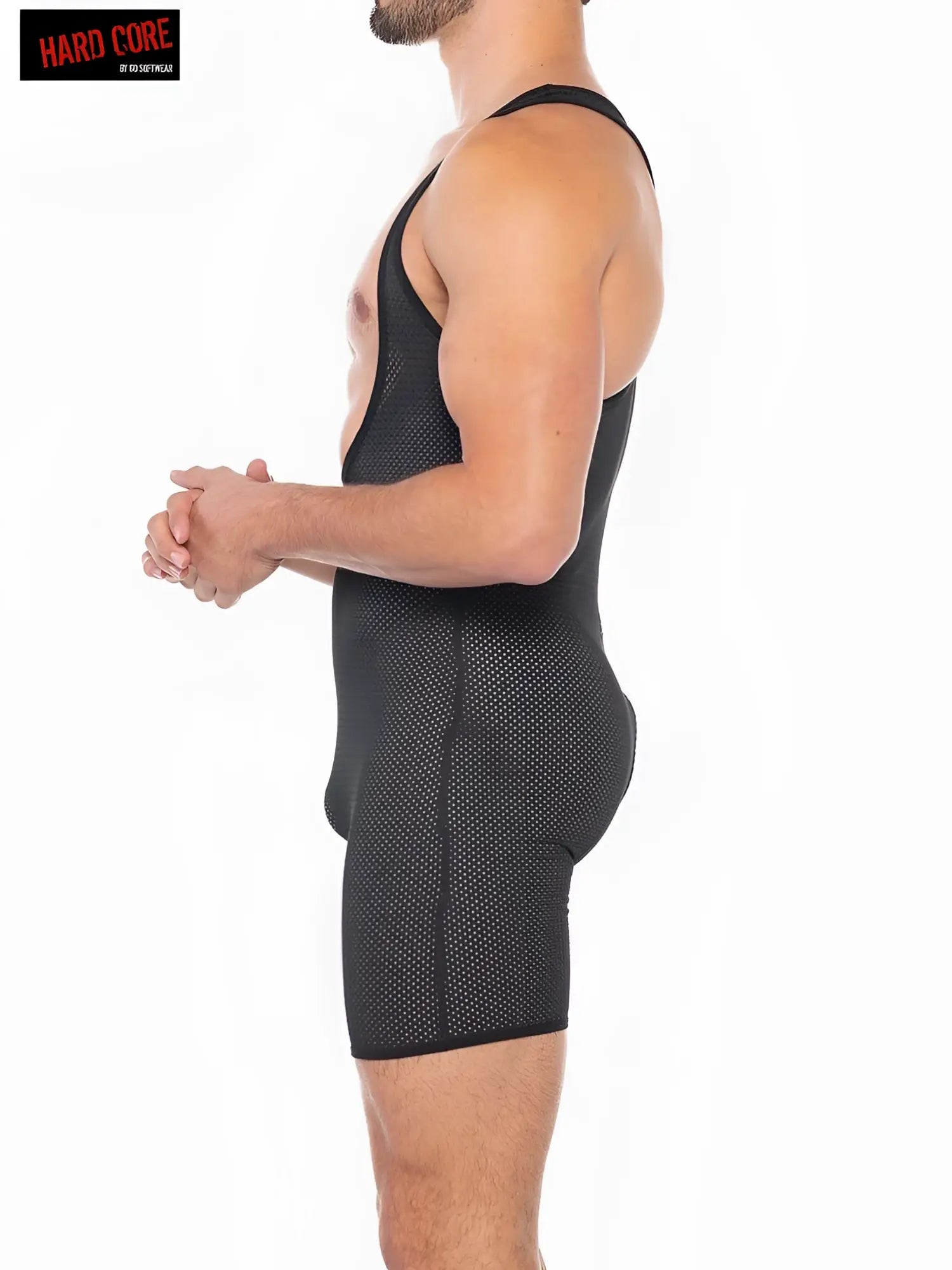 Black mesh x back door singlet with reinforced seams and open zip back shown from the back with a snug fit