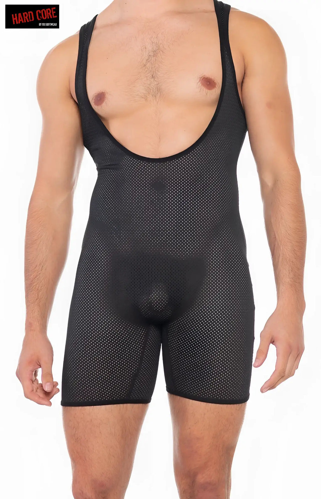 Black mesh x back door singlet with reinforced shoulder straps and deep scoop neckline shown from the back side