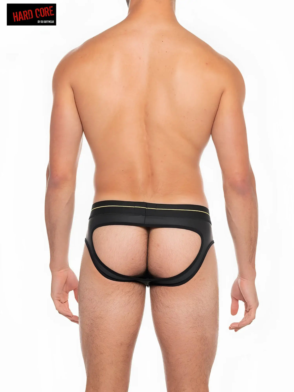 Black leather x backless brief with thin yellow trim along the waistband showing the back side