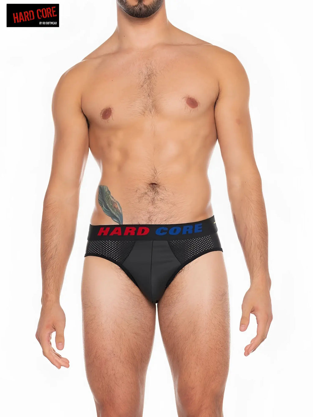 Black mesh x backless briefs with hard core branding in red and blue on the waistband