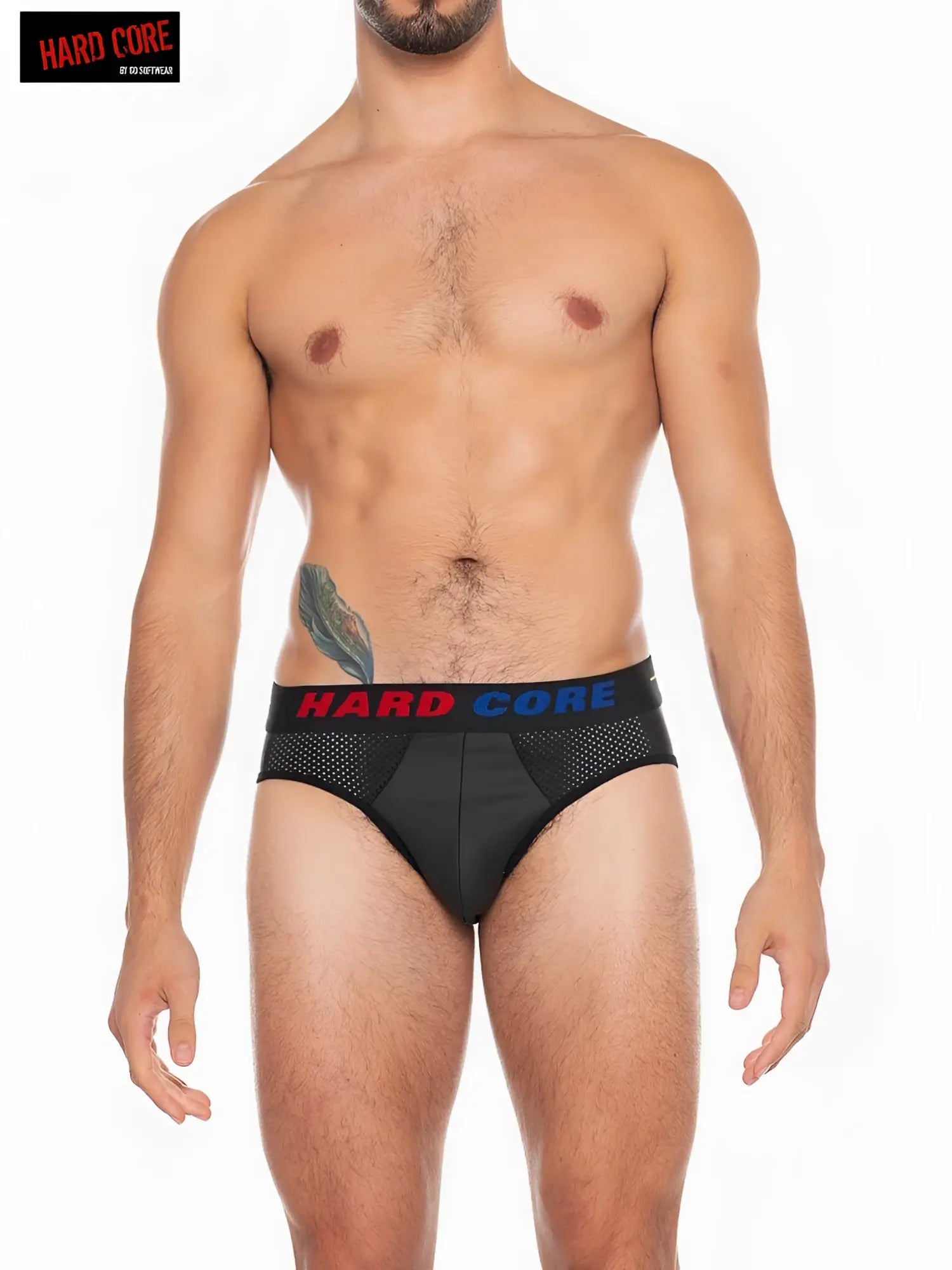 Black mesh x backless briefs with hard core branding in red and blue on the waistband