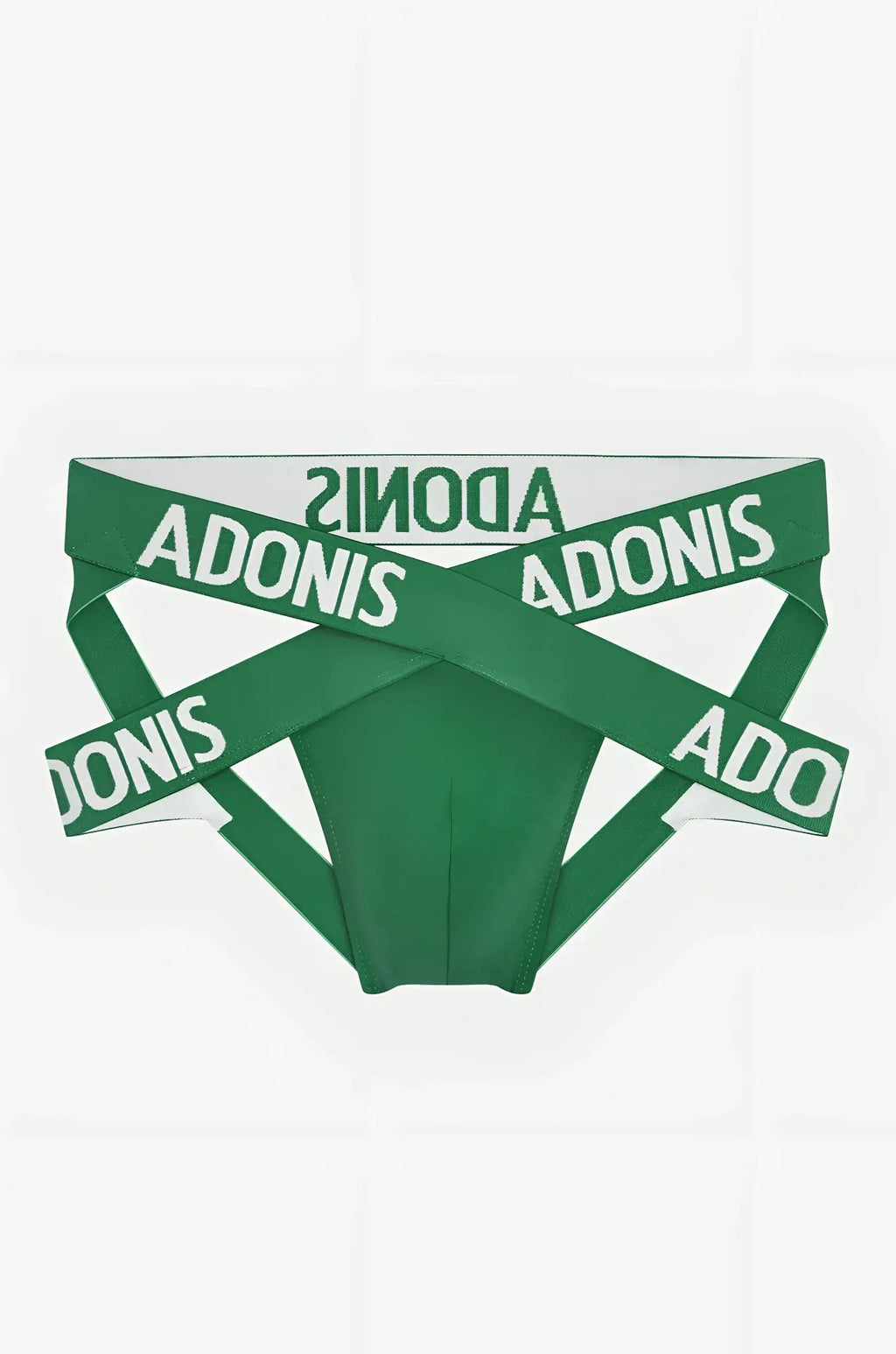 Green adonis x bold green jock briefs with white lettering on elastic bands visible from the front side