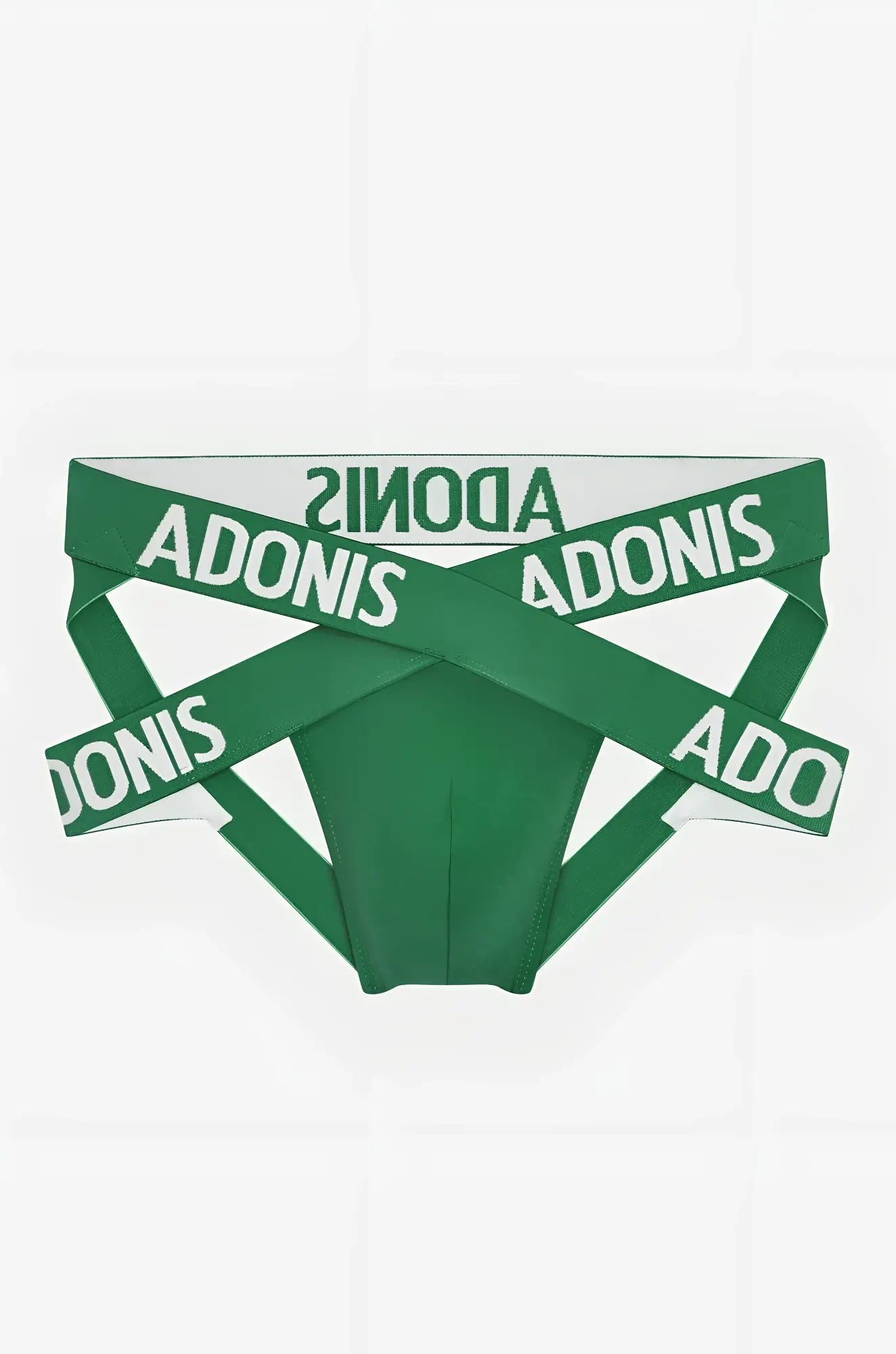 Green adonis x bold green jock briefs with white lettering on elastic bands visible from the front side