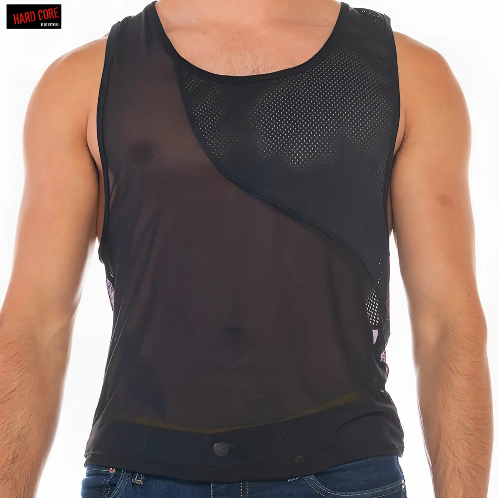 Black mesh x club tank top with sheer panels and round neckline showing front view