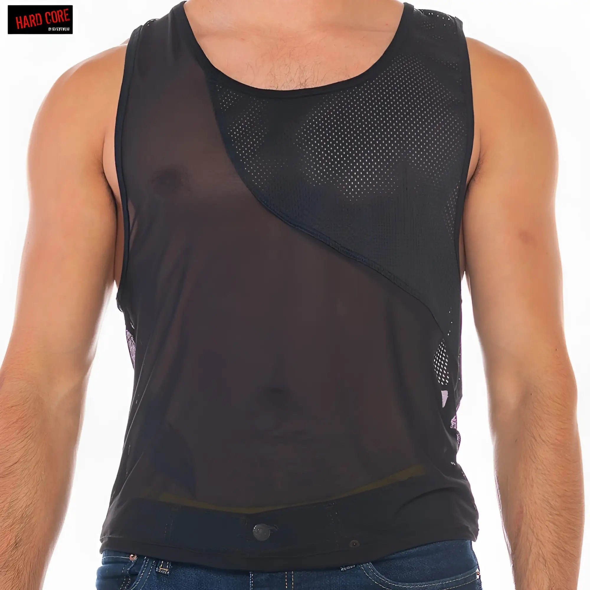 Black mesh x club tank top with sheer panels and round neckline showing front view