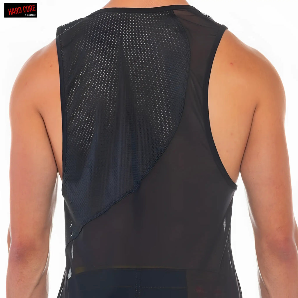 Black mesh and solid fabric athletic tank top with diagonal panel design for versatile workout wear by X Club