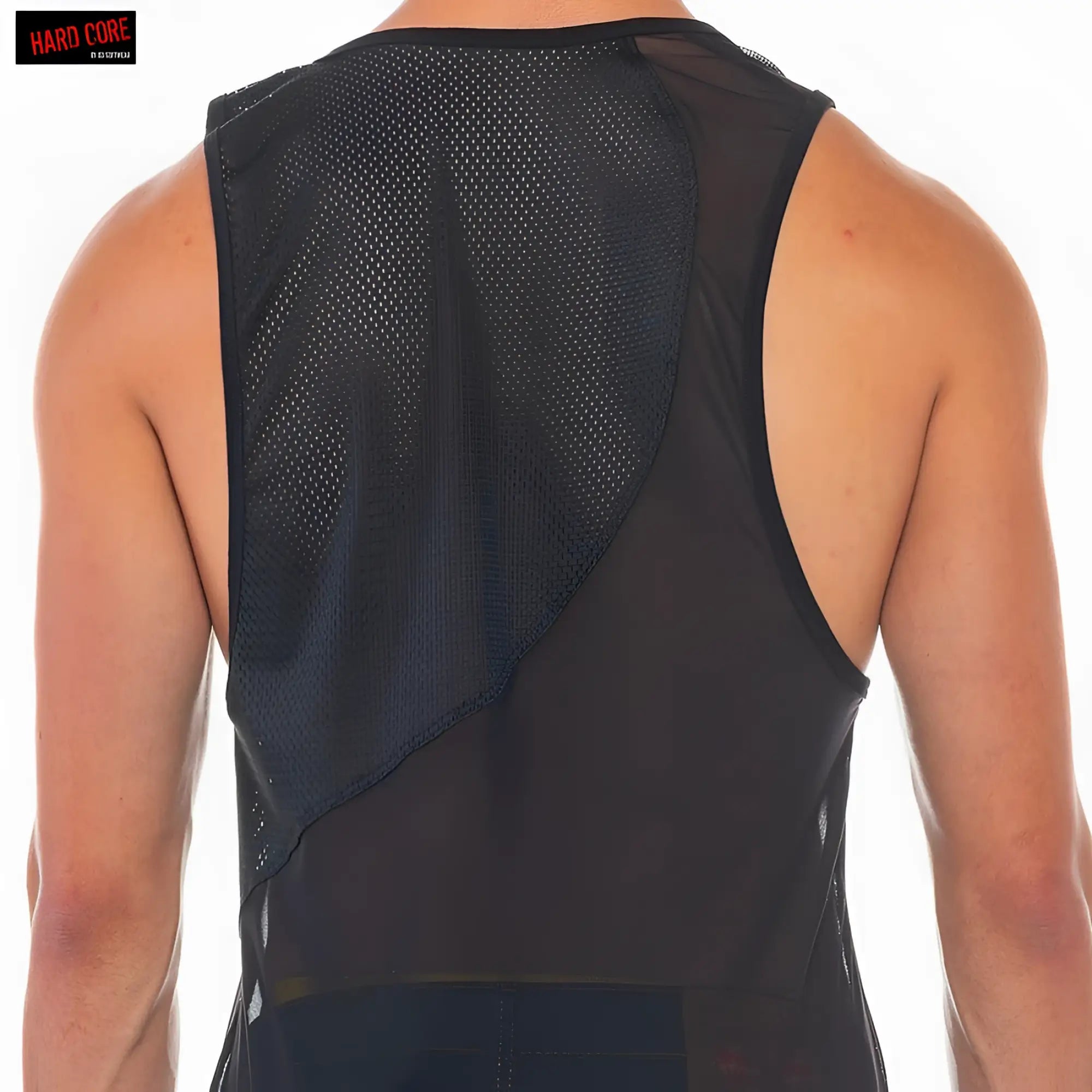 Black mesh and solid fabric athletic tank top with diagonal panel design for versatile workout wear by X Club