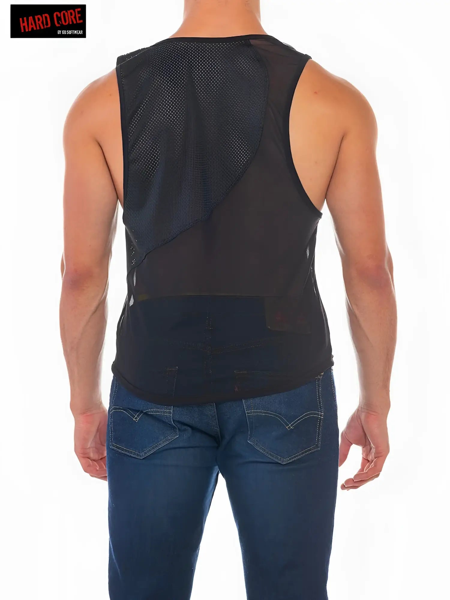 Black mesh and solid fabric sleeveless x club tank top with modern asymmetrical design for stylish wear