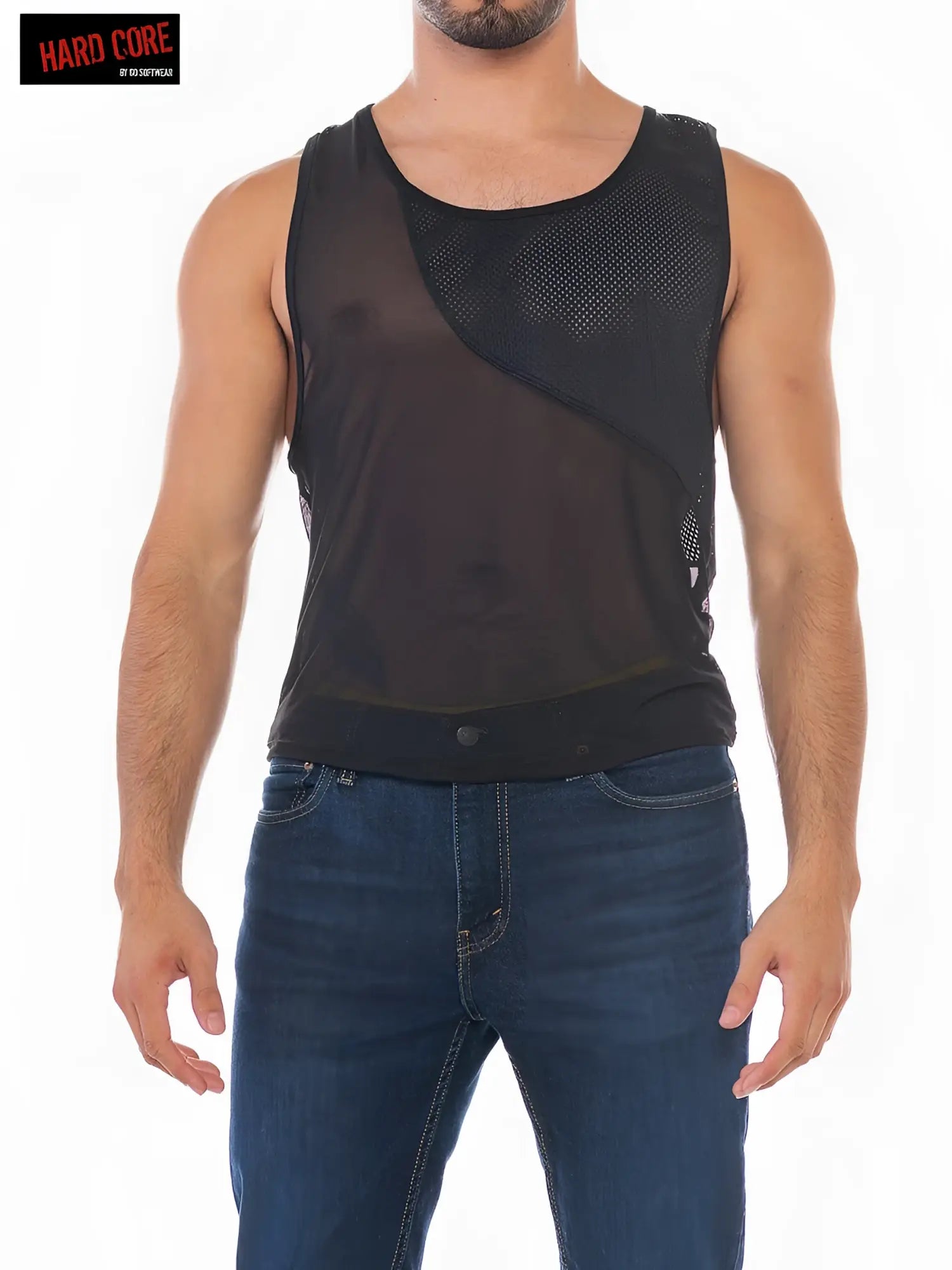 X Club tank top black mesh material with solid black panel at bottom and single button closure in front