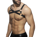 Black leather x-cross leather harness with silver-toned metal rings and studs for edgy fashion styling