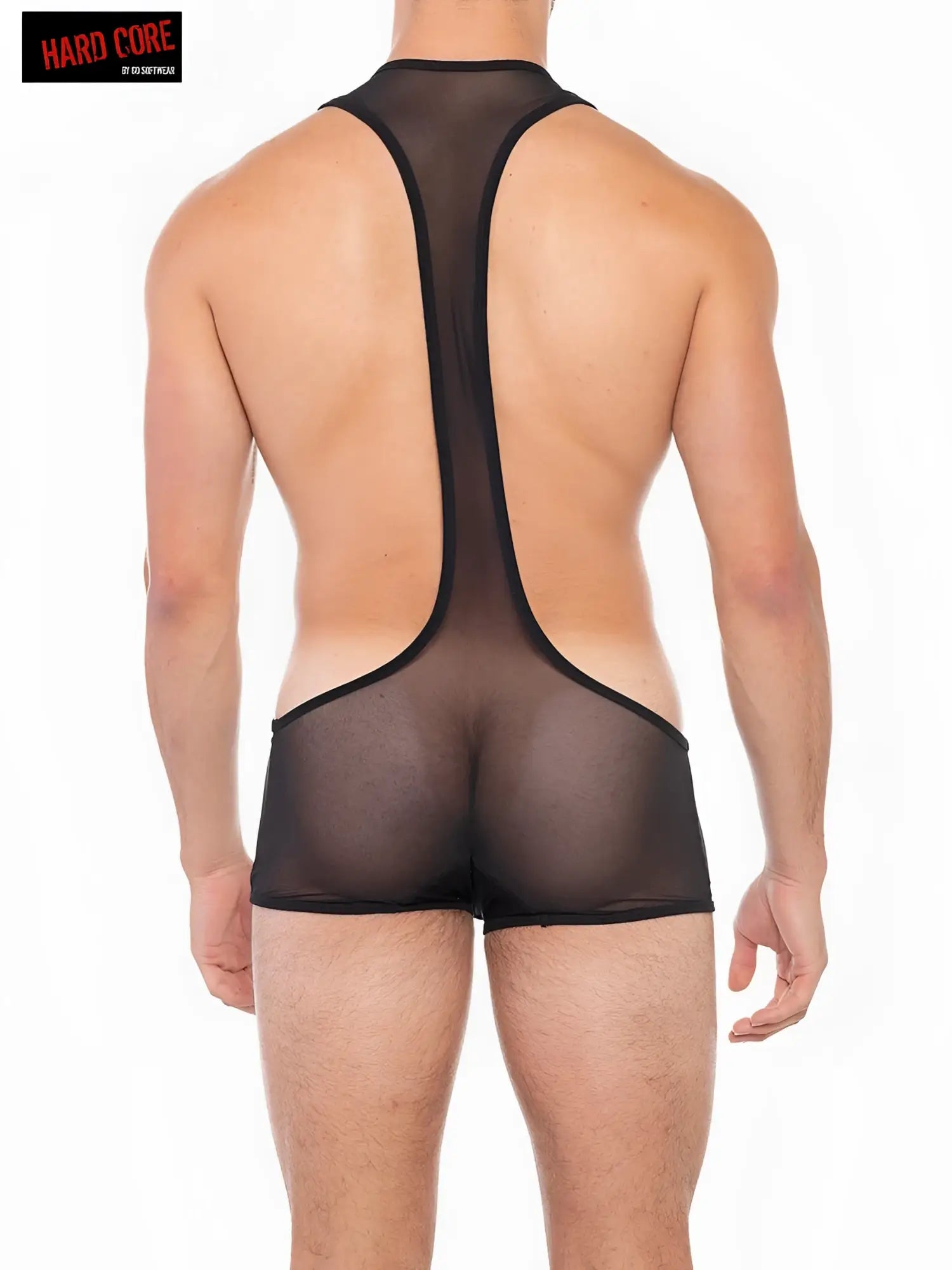Black sheer mesh men’s underwear with black trim and racerback design shown from the back for a deep scoop fit