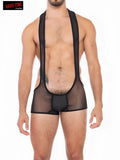 Black sheer mesh men’s underwear with black elastic straps and solid black waistband in x deep scoop mini mesh singlet design