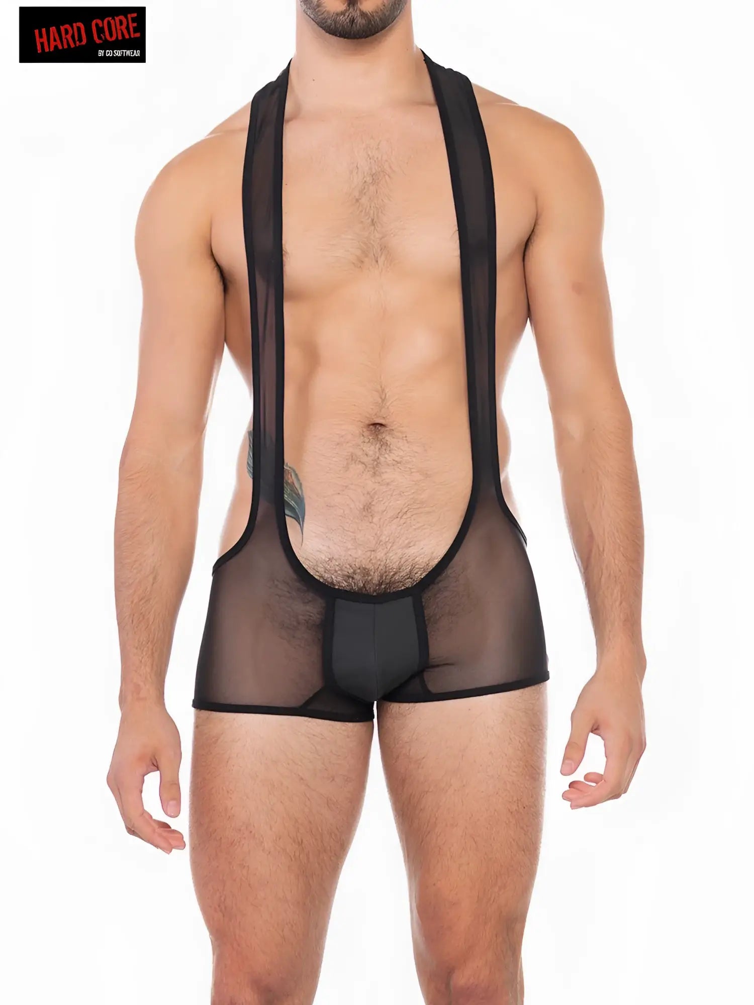 Black sheer mesh men’s underwear with black elastic straps and solid black waistband in x deep scoop mini mesh singlet design
