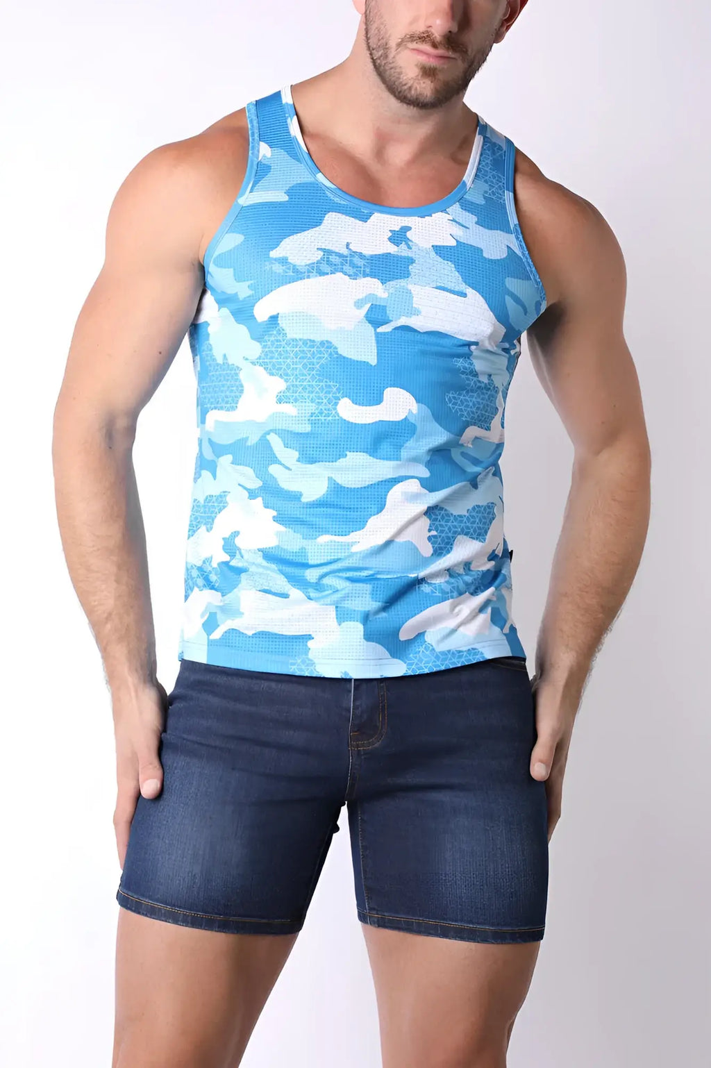 Blue and white camouflage patterned x fit camo tank top with subtle textured weave for active wear